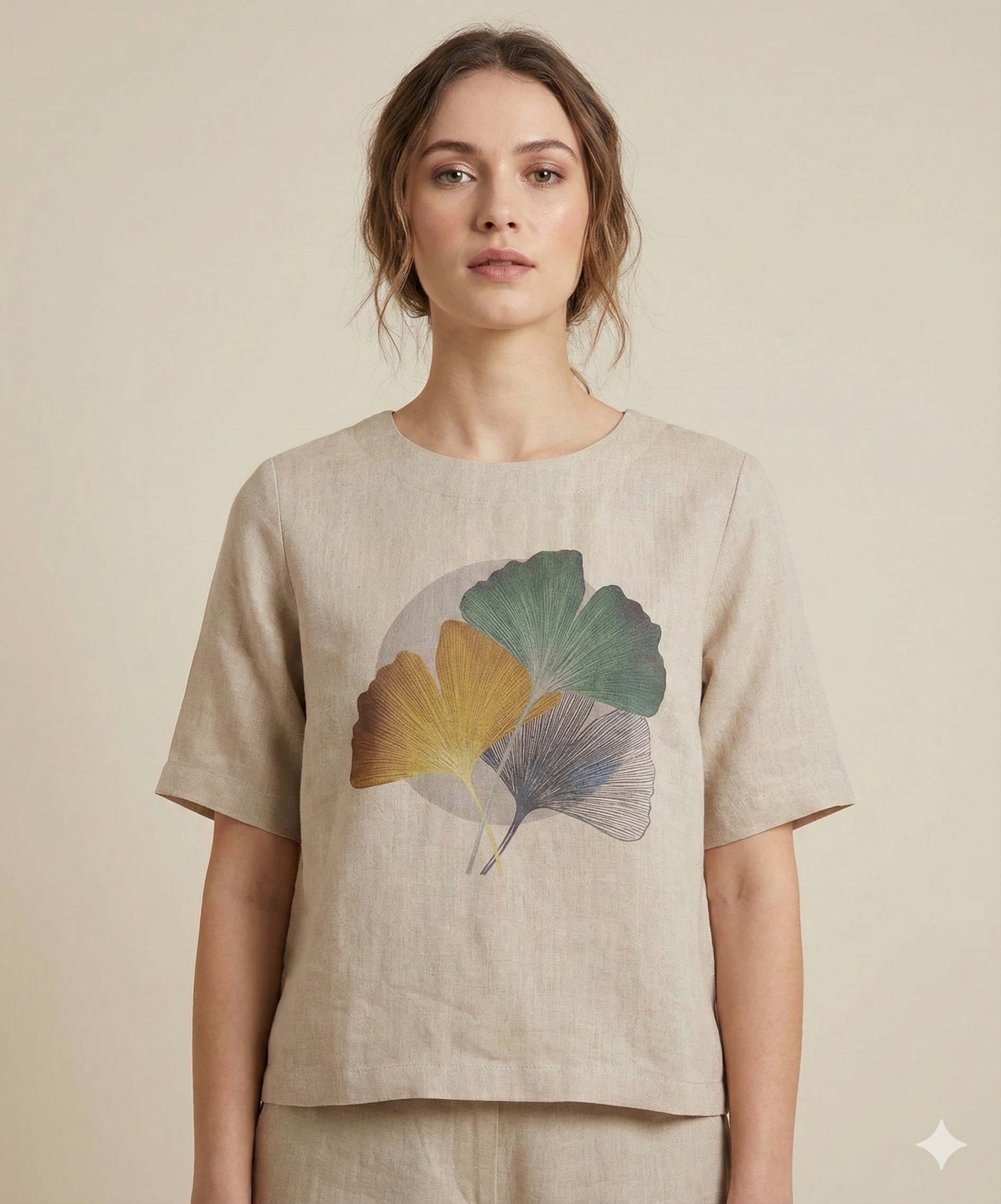 Women Relaxed Fit Linen Leaf Motif Top