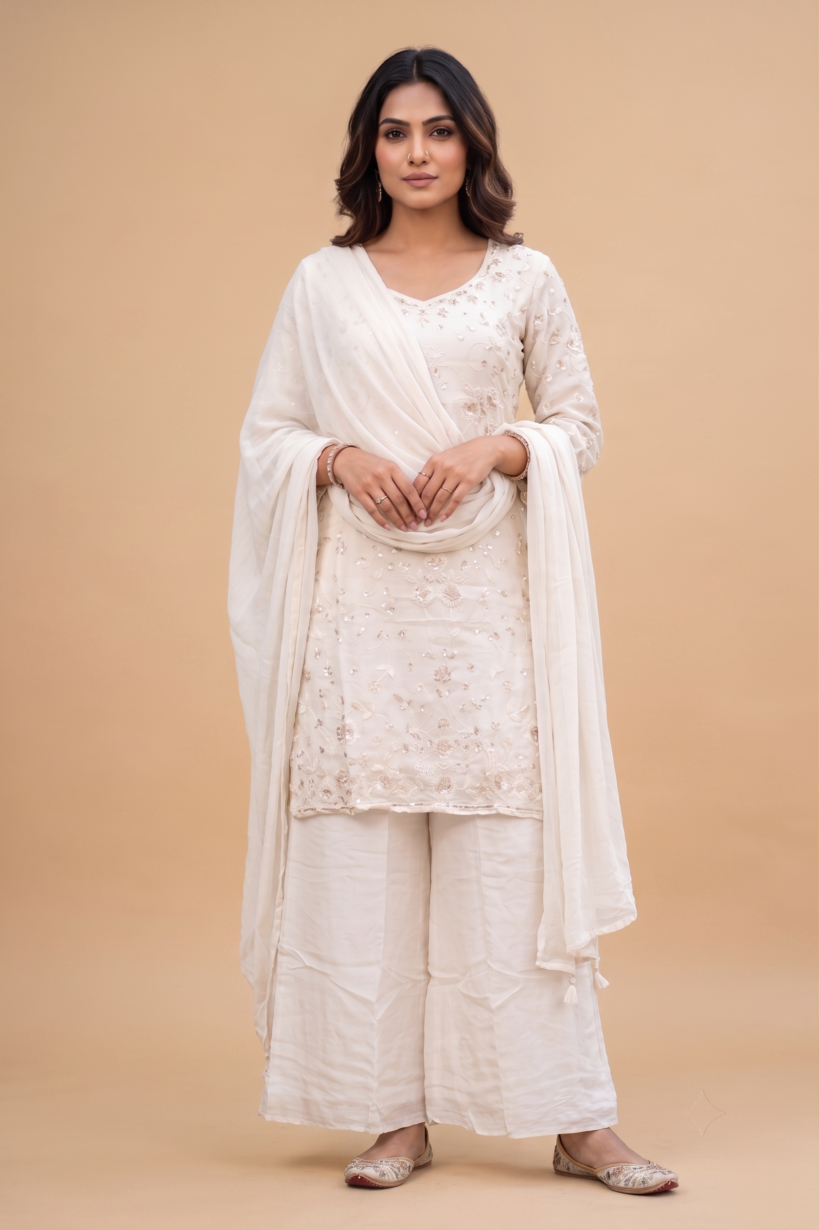 Cream Chinnon straight festive salwar suit
