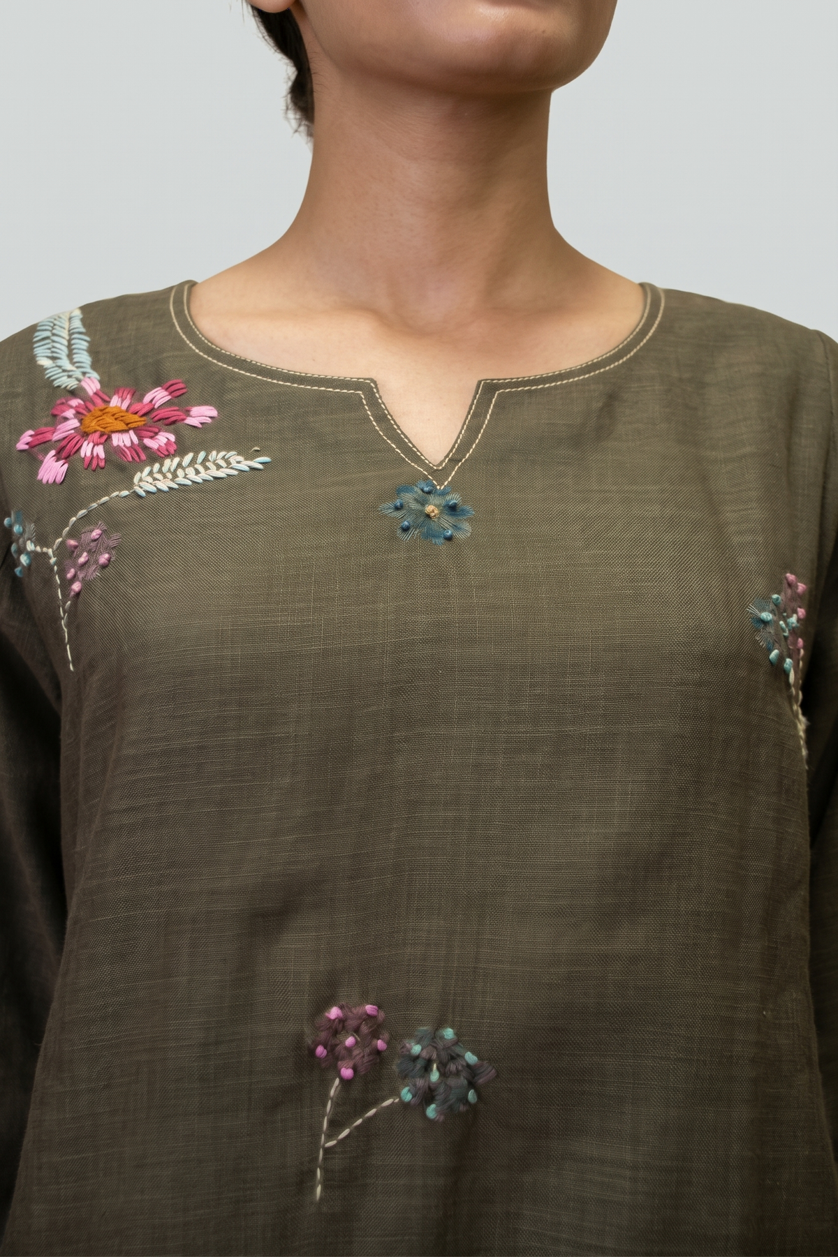 Mehandi Semi-Linen Straight Salwar Suit Set