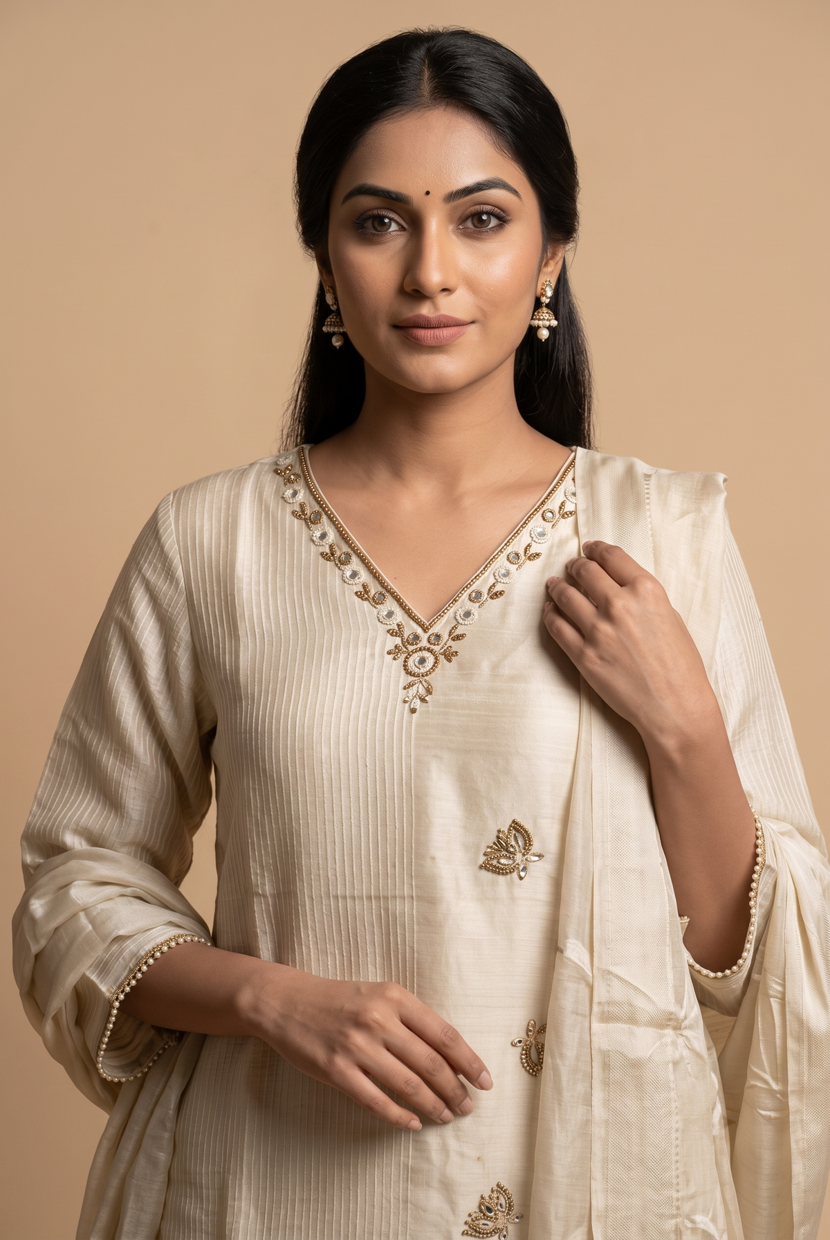 Biscuit Poly Tissue Jacquard Straight Suit Set