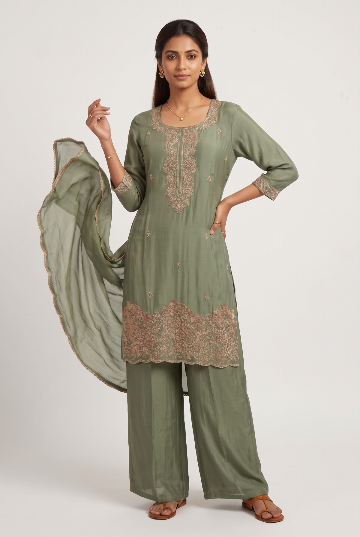 Green Chinnon silk Straight Suit Set