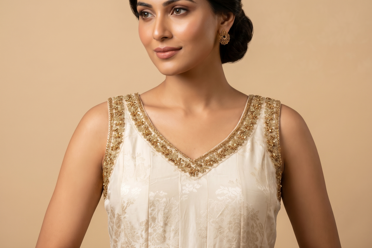 White Viscose Slub Anarkali Salwar Suit Set