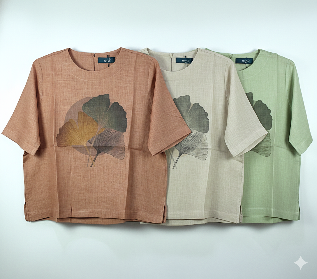 Women Relaxed Fit Linen Leaf Motif Top