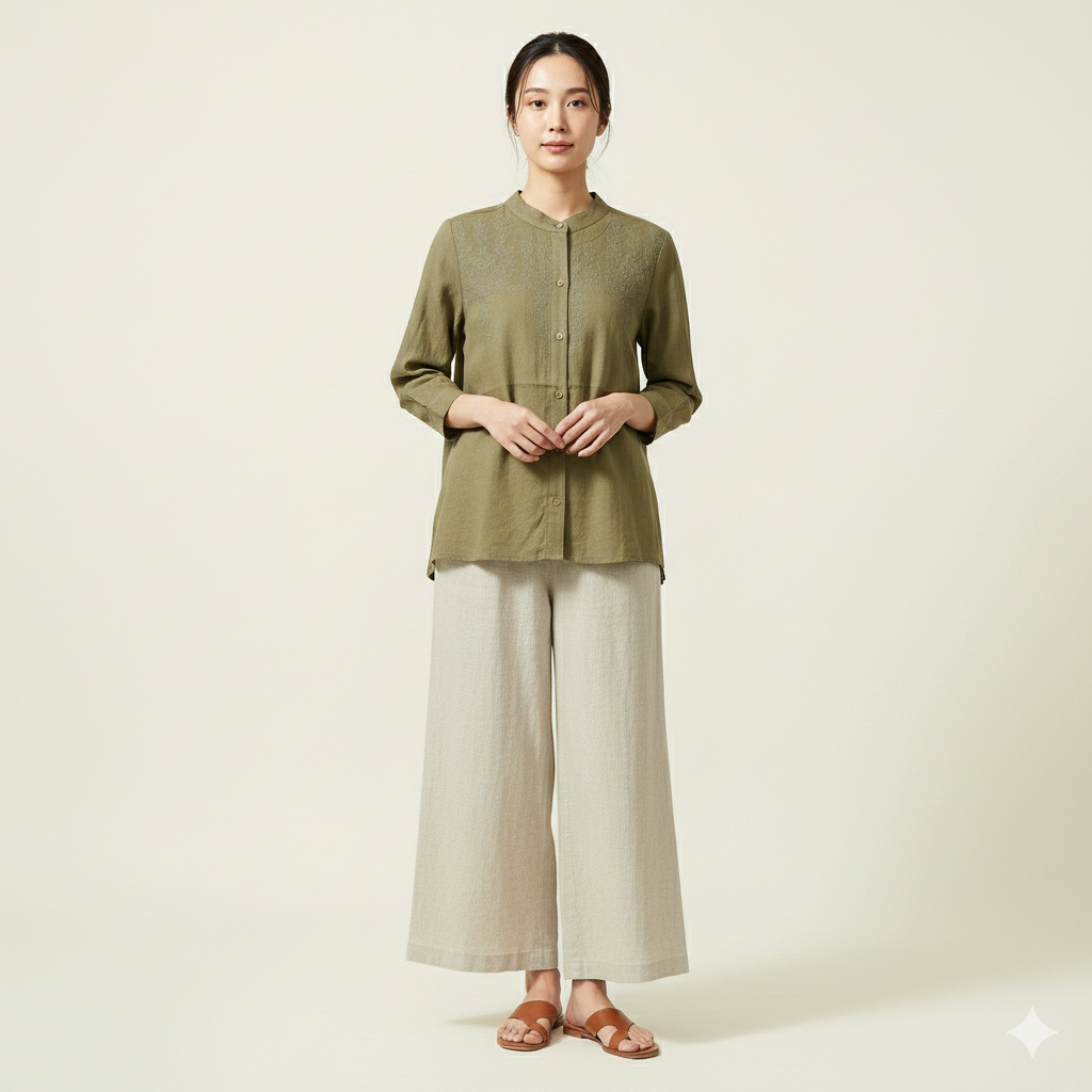 Floral Embroidered Mandarin-Collar Casual Shirt