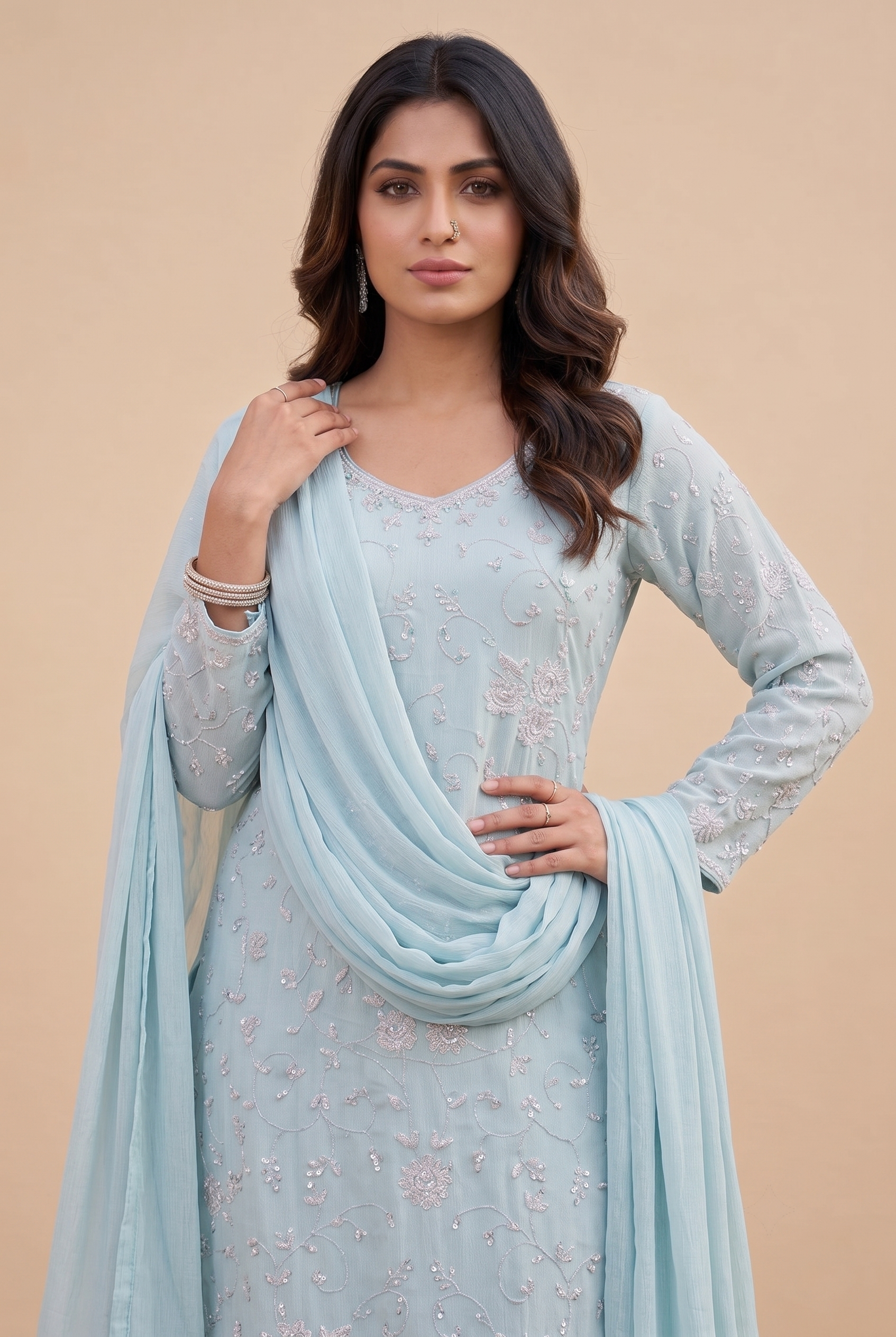 Blue Chinnon straight festive salwar suit