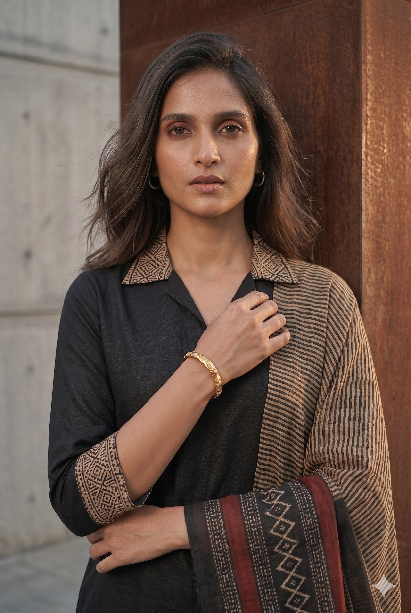 Black Linen Slub Straight Suit Set