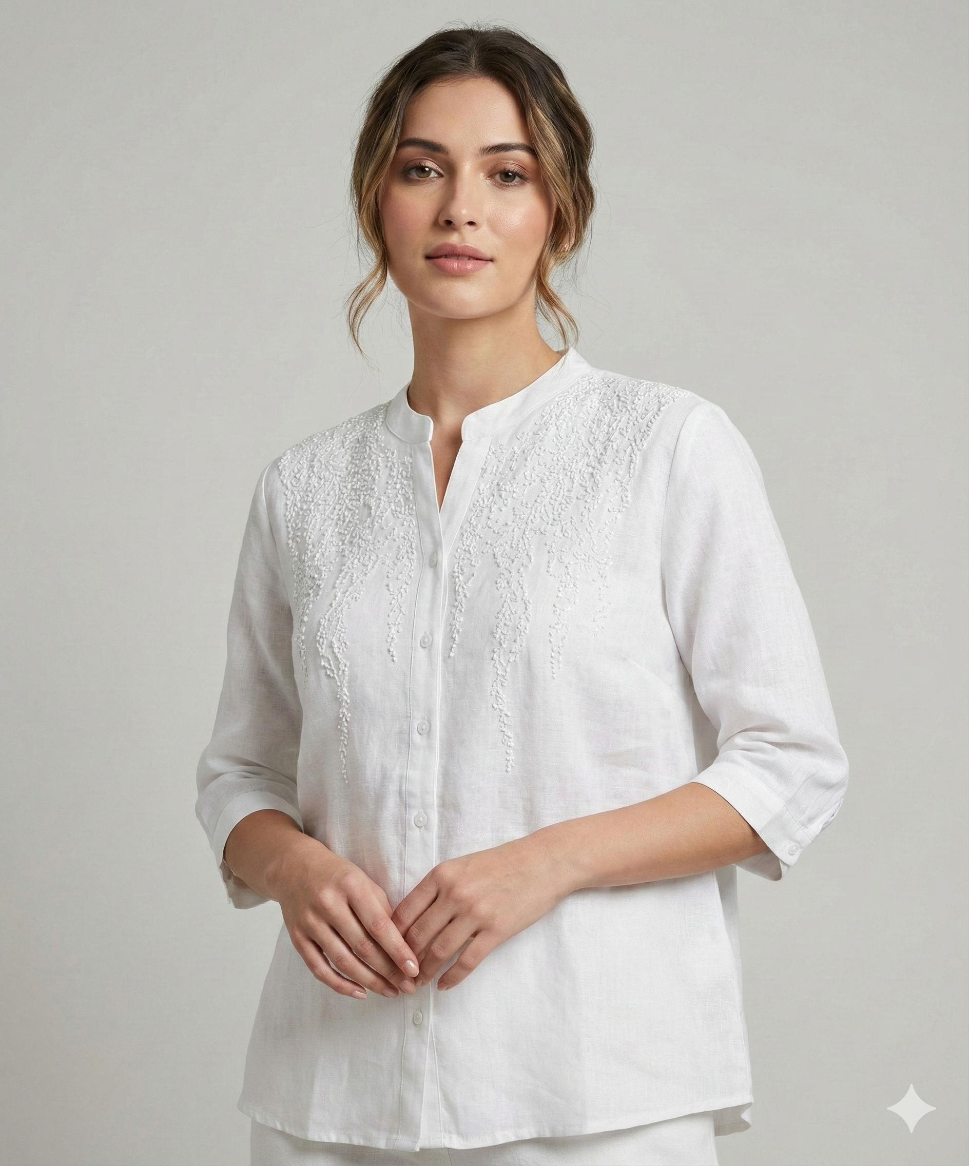 Women's Mandarin Collar Shirt with Thread Embroidery