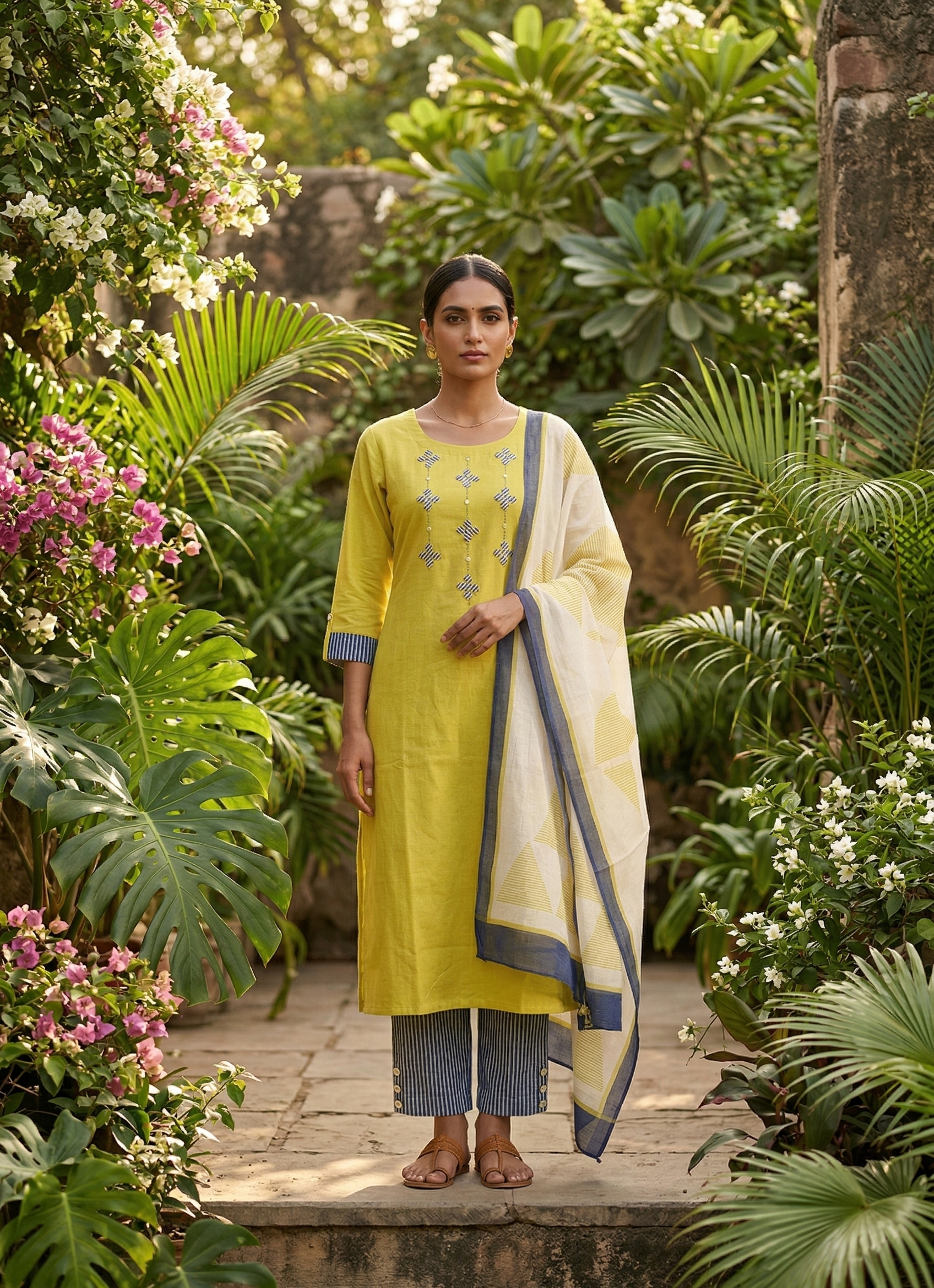 Yellow Linen Slub A-Line Salwar Suit