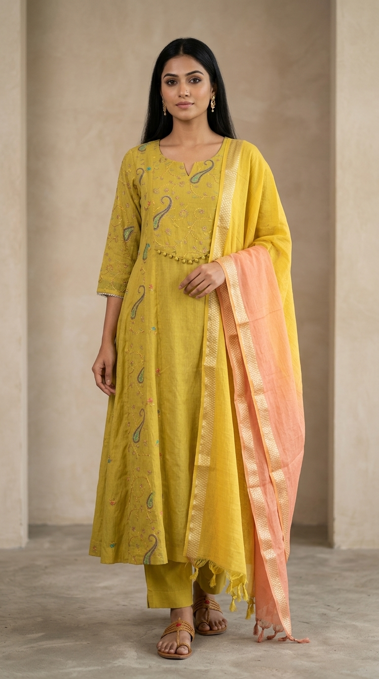 Yellow Chanderi Flared Salwar Suit