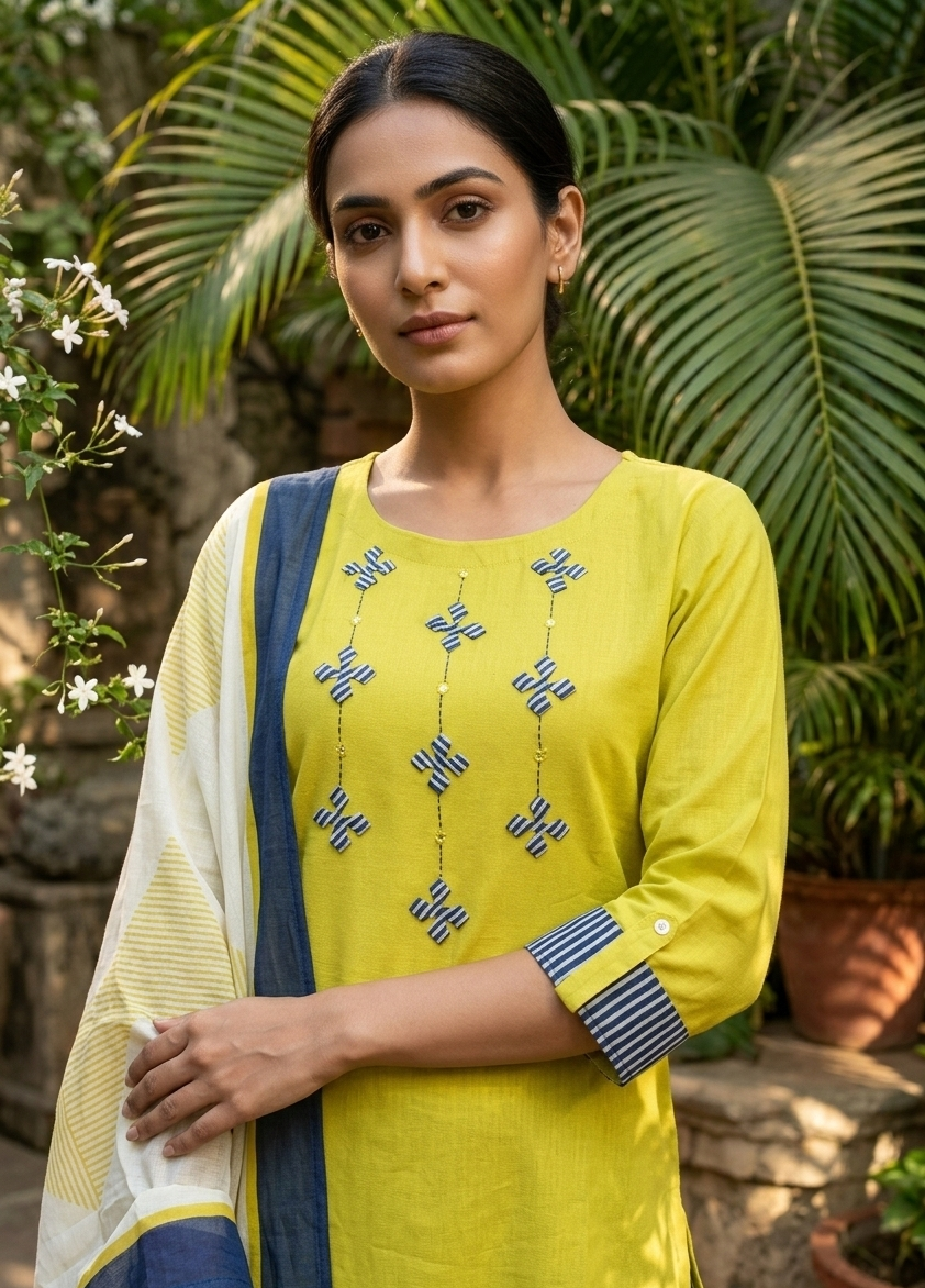 Yellow Linen Slub A-Line Salwar Suit