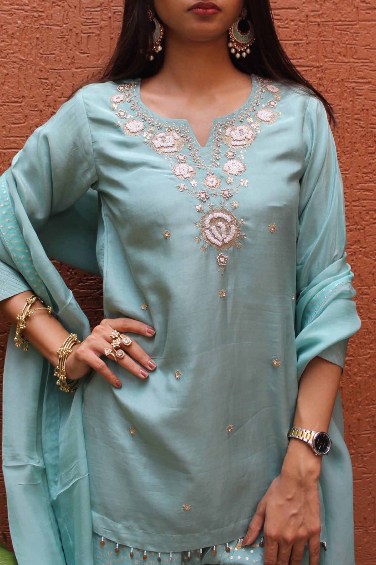 Sky Blue Muslin Short-Top Festive Outfit