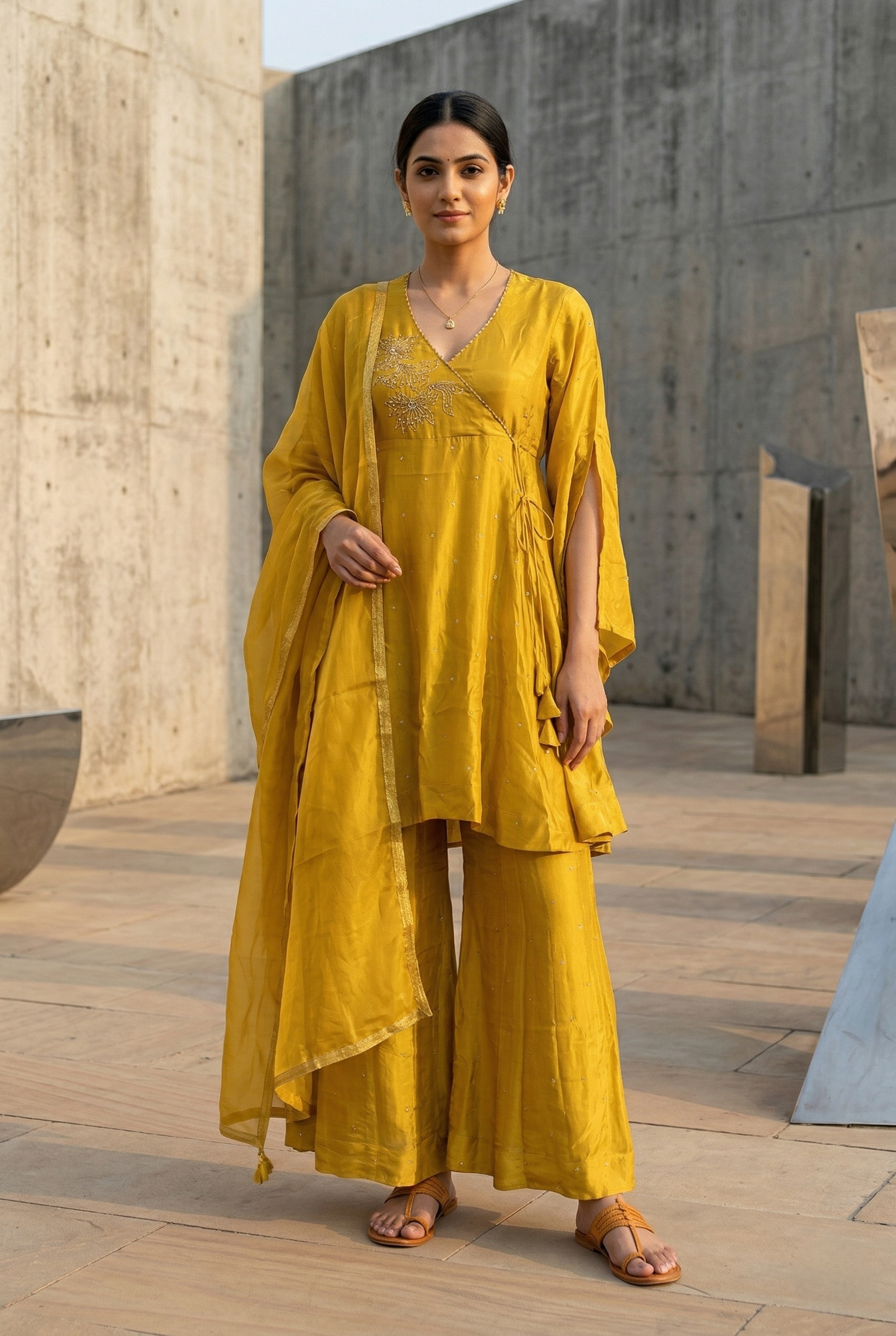 Mustered Silk Flared Salwar Suit