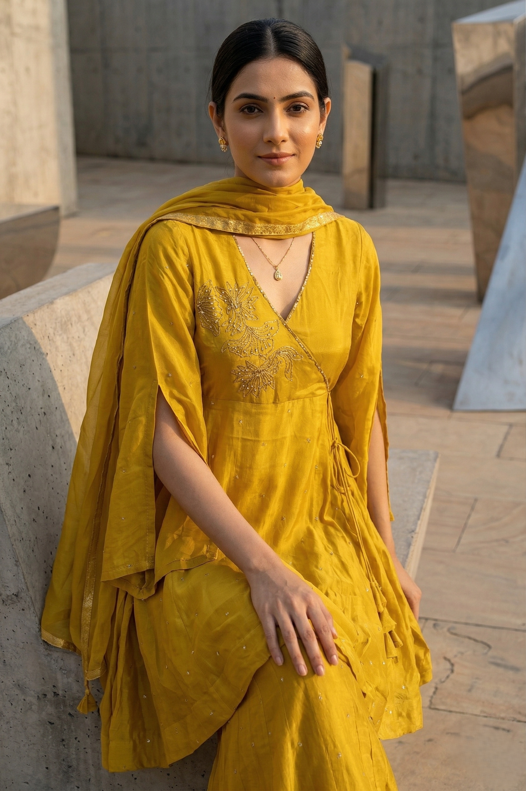 Mustered Silk Flared Salwar Suit