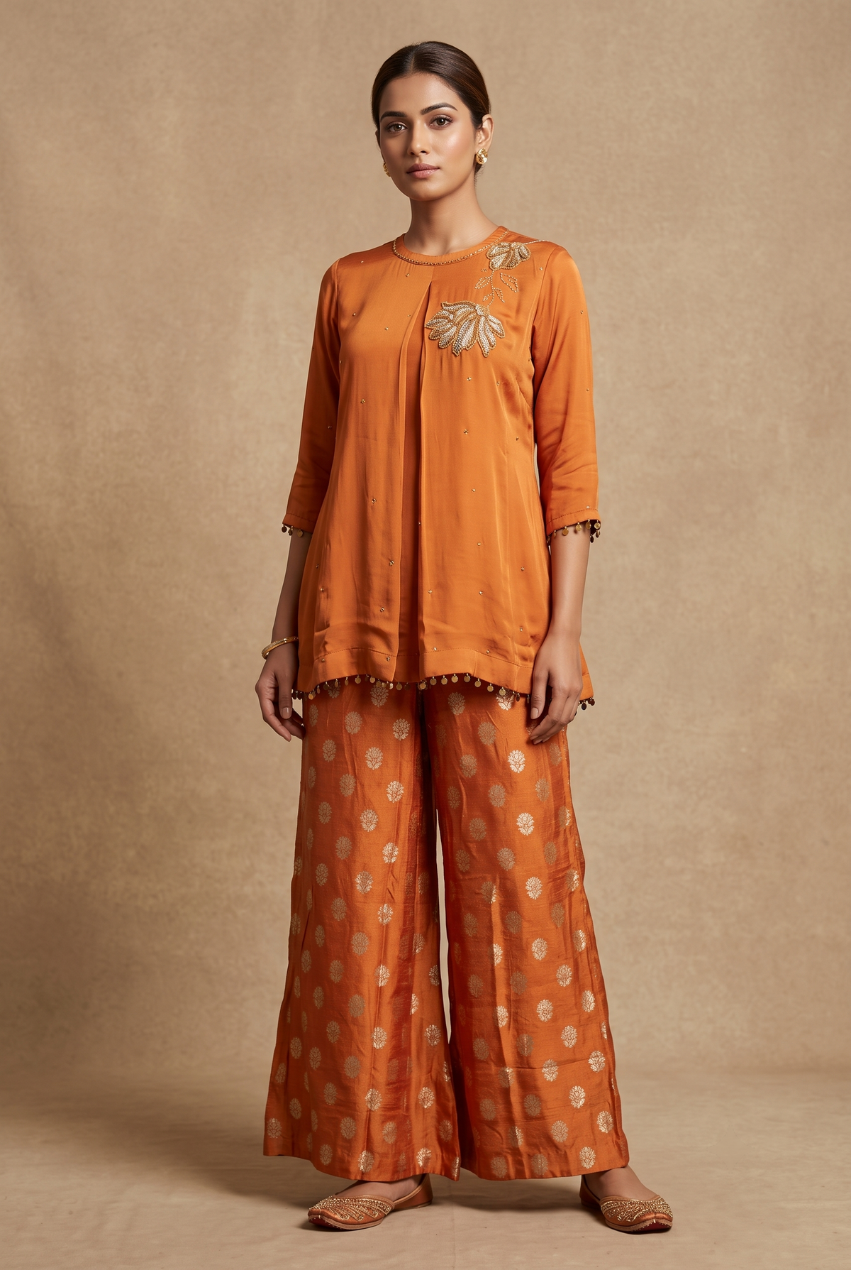 Rust Festive Silk Short Top and Bottom Set
