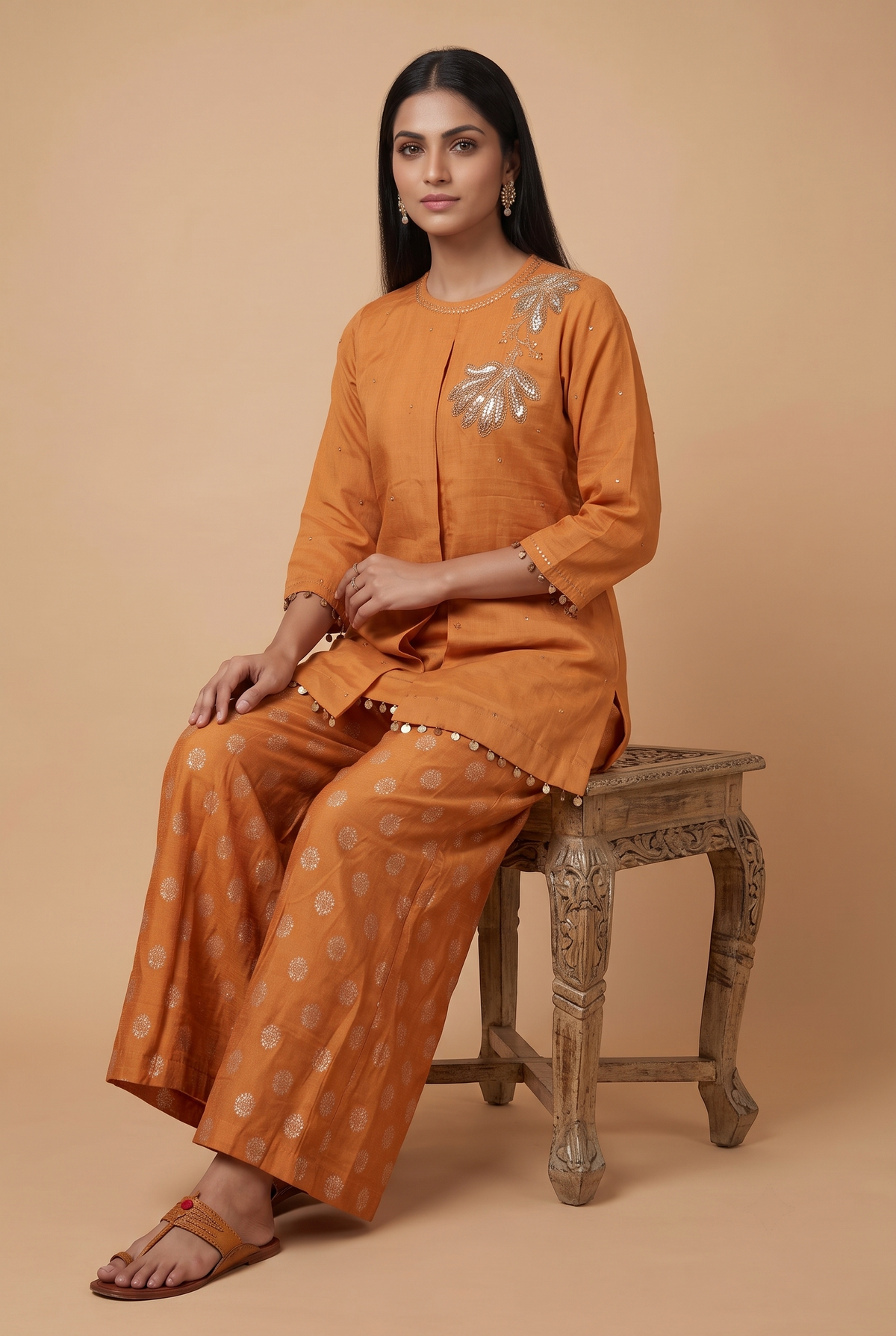 Rust Festive Silk Short Top and Bottom Set