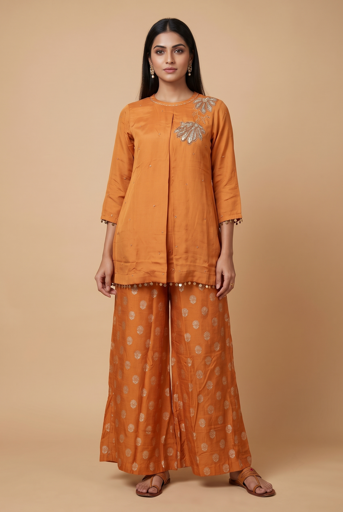 Rust Festive Silk Short Top and Bottom Set