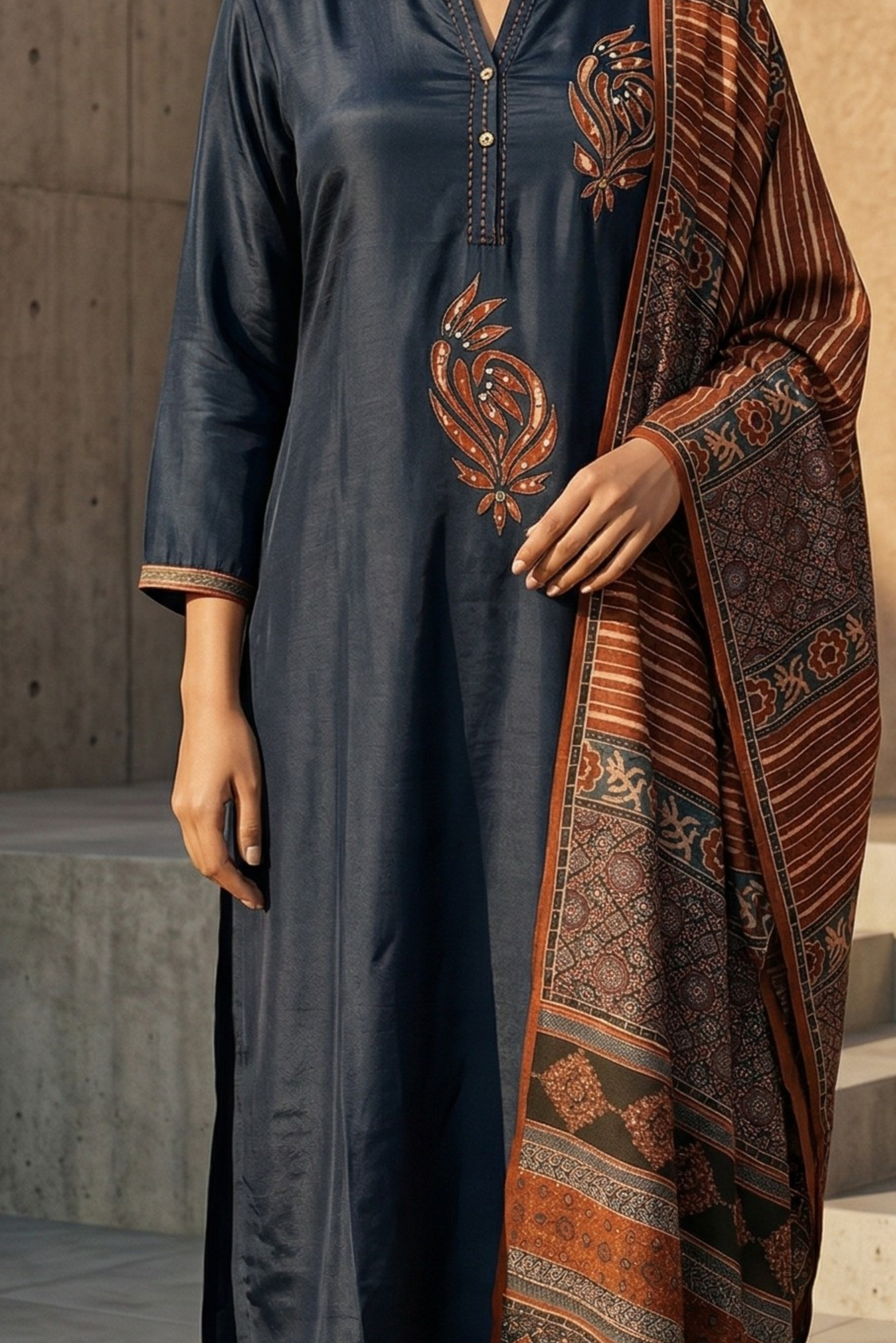 Blue Straight Cotton Suit Set