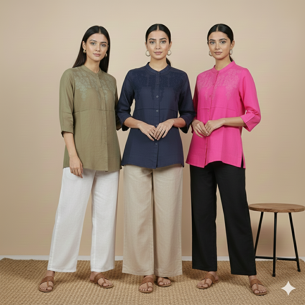 Floral Embroidered Mandarin-Collar Casual Shirt