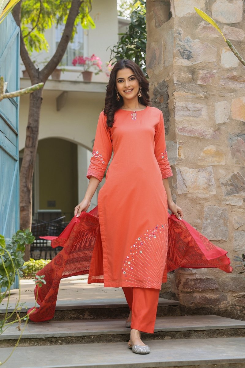 PAYAL Apricot Kurta Suit Set with Mirror Work Detailing - Payal