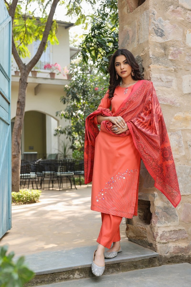 PAYAL Apricot Kurta Suit Set with Mirror Work Detailing - Payal