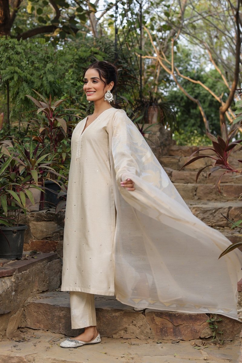PAYAL Beige Cream Kurta Suit Set with Delicate Hand Work Detailing - Payal