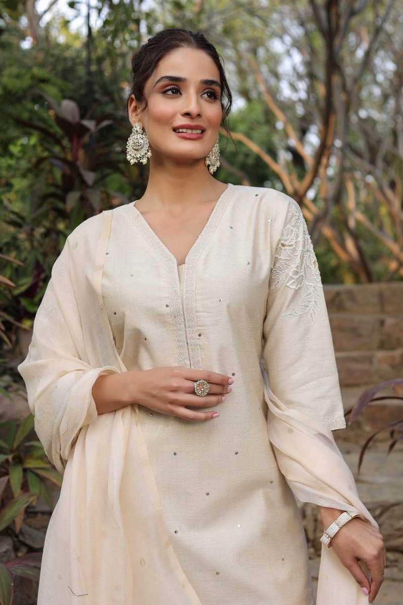 PAYAL Beige Cream Kurta Suit Set with Delicate Hand Work Detailing - Payal