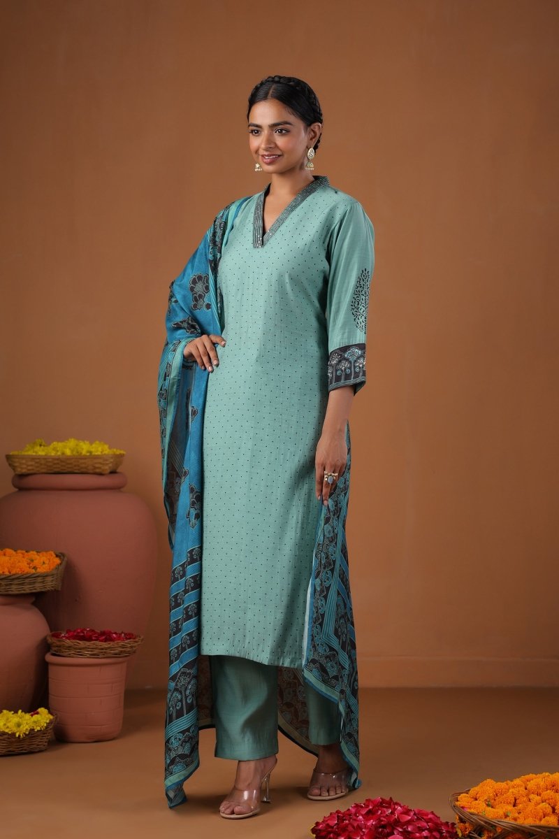 PAYAL Blue Kurta Suit Set with Block Print Design - Payal