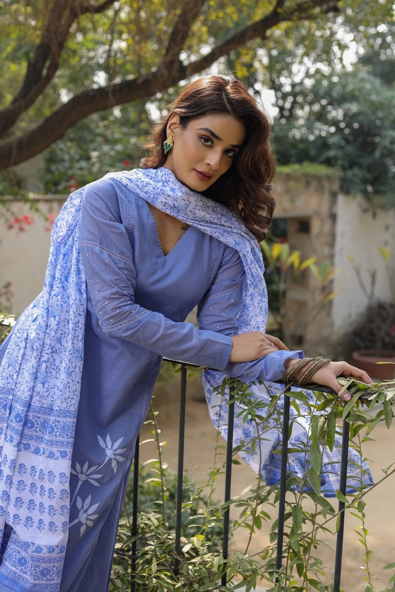 PAYAL Blue Kurta Suit Set with Cotton Printed Pants - Payal