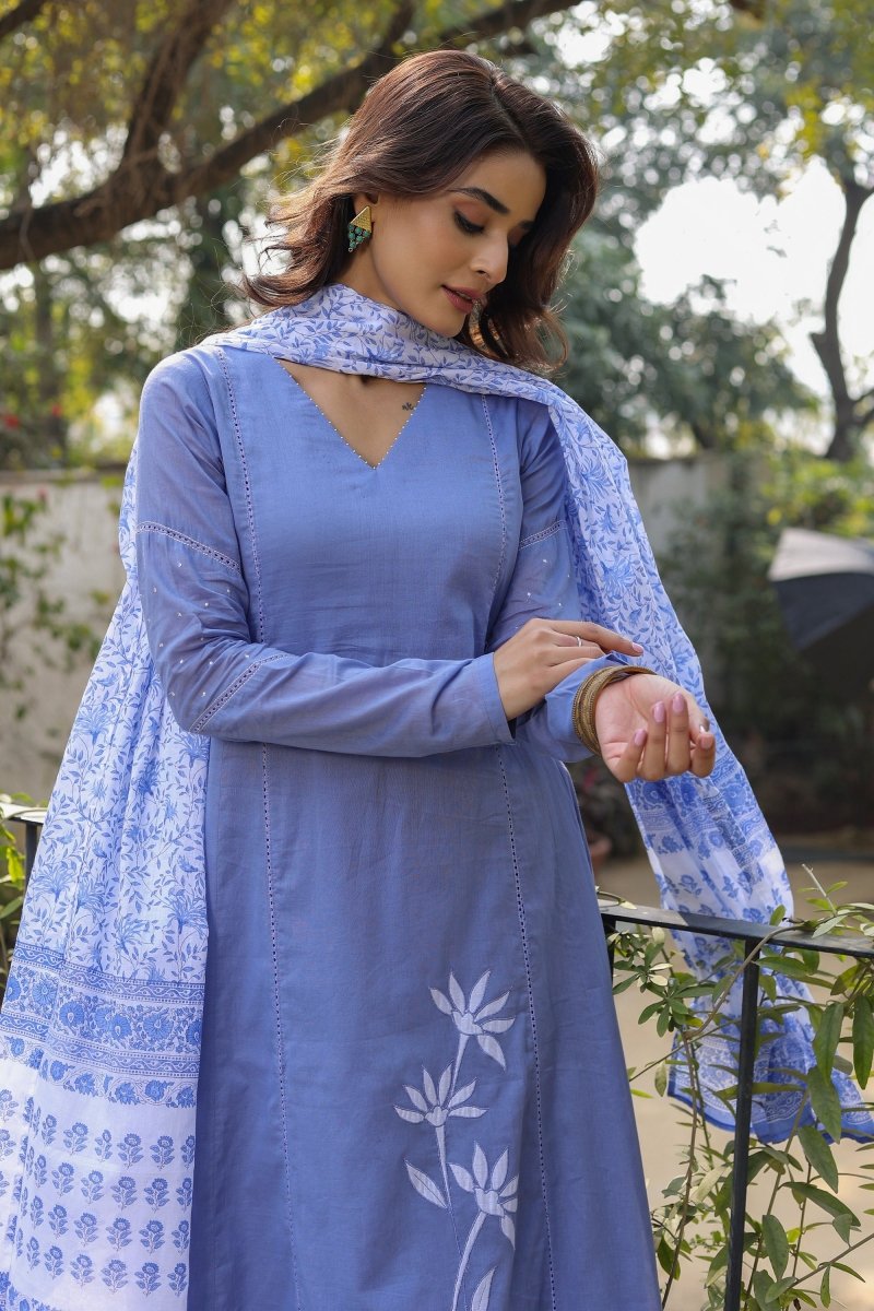 PAYAL Blue Kurta Suit Set with Cotton Printed Pants - Payal