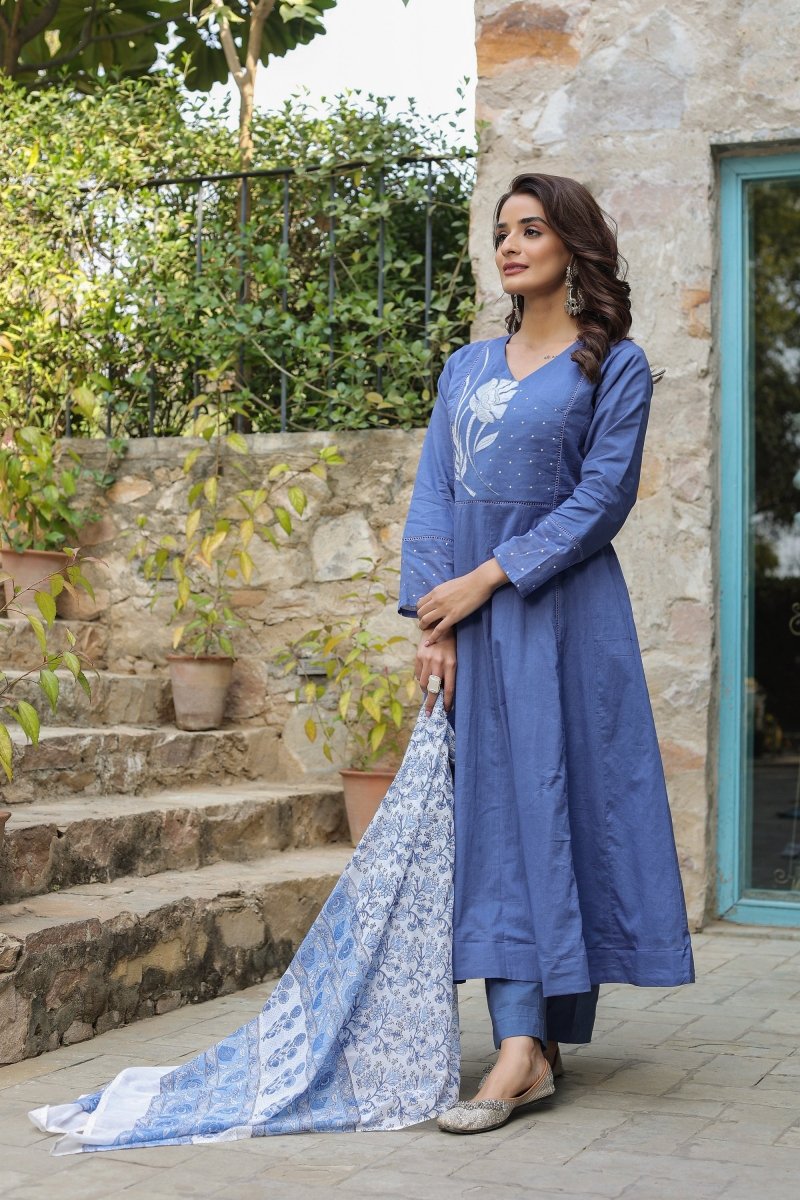 PAYAL Blue Kurta Suit Set with Floral Embroidery - Payal