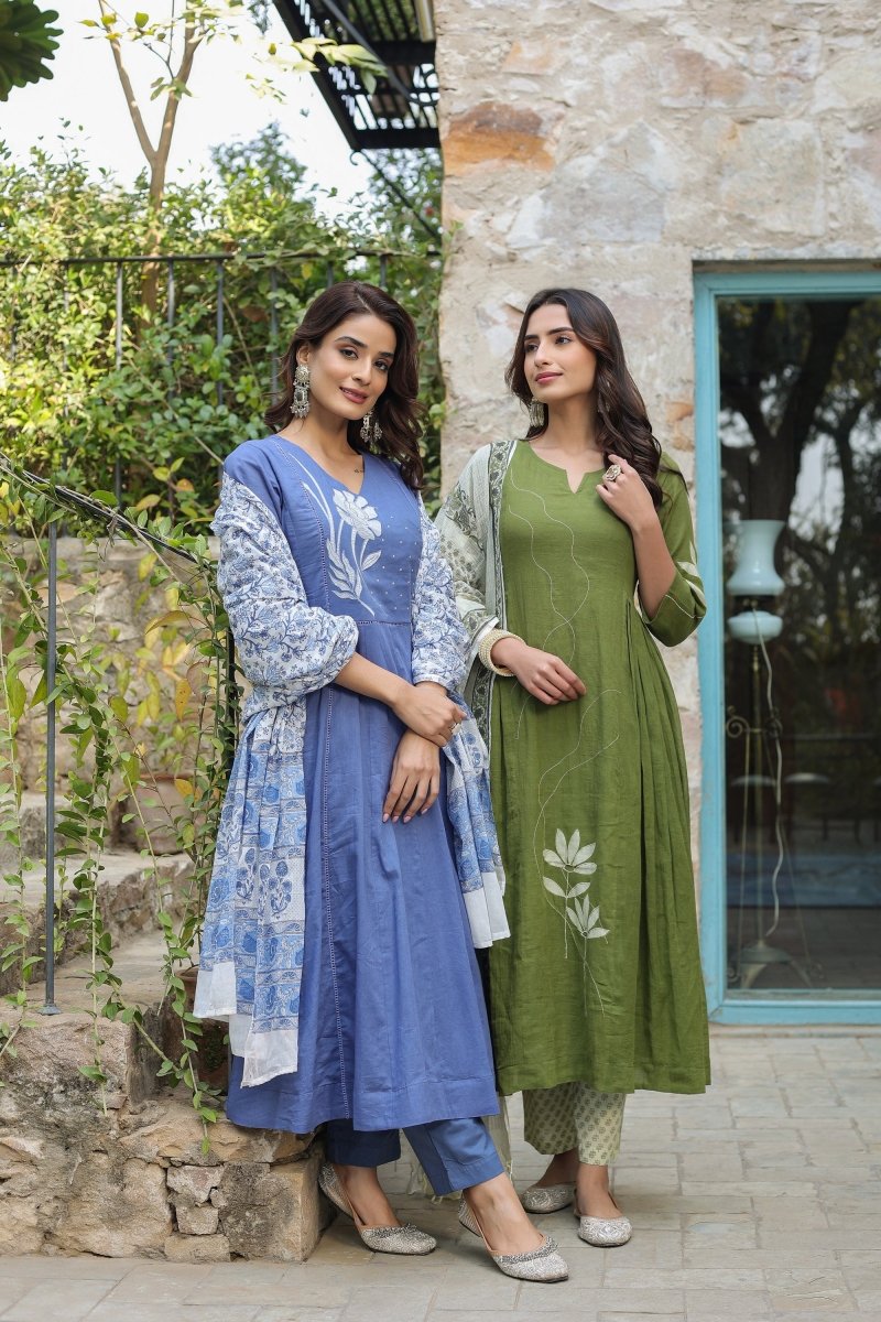 PAYAL Blue Kurta Suit Set with Floral Embroidery - Payal