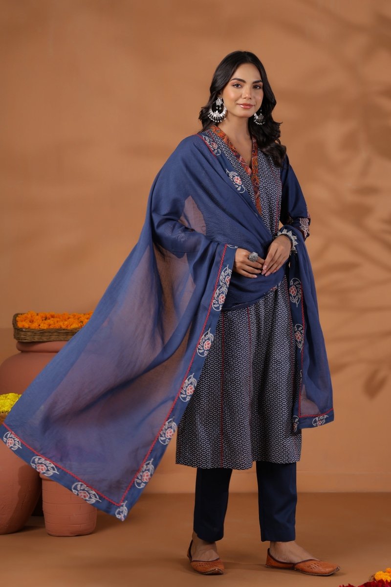 PAYAL Blue Kurta Suit with Printed Sleeve Design - Payal