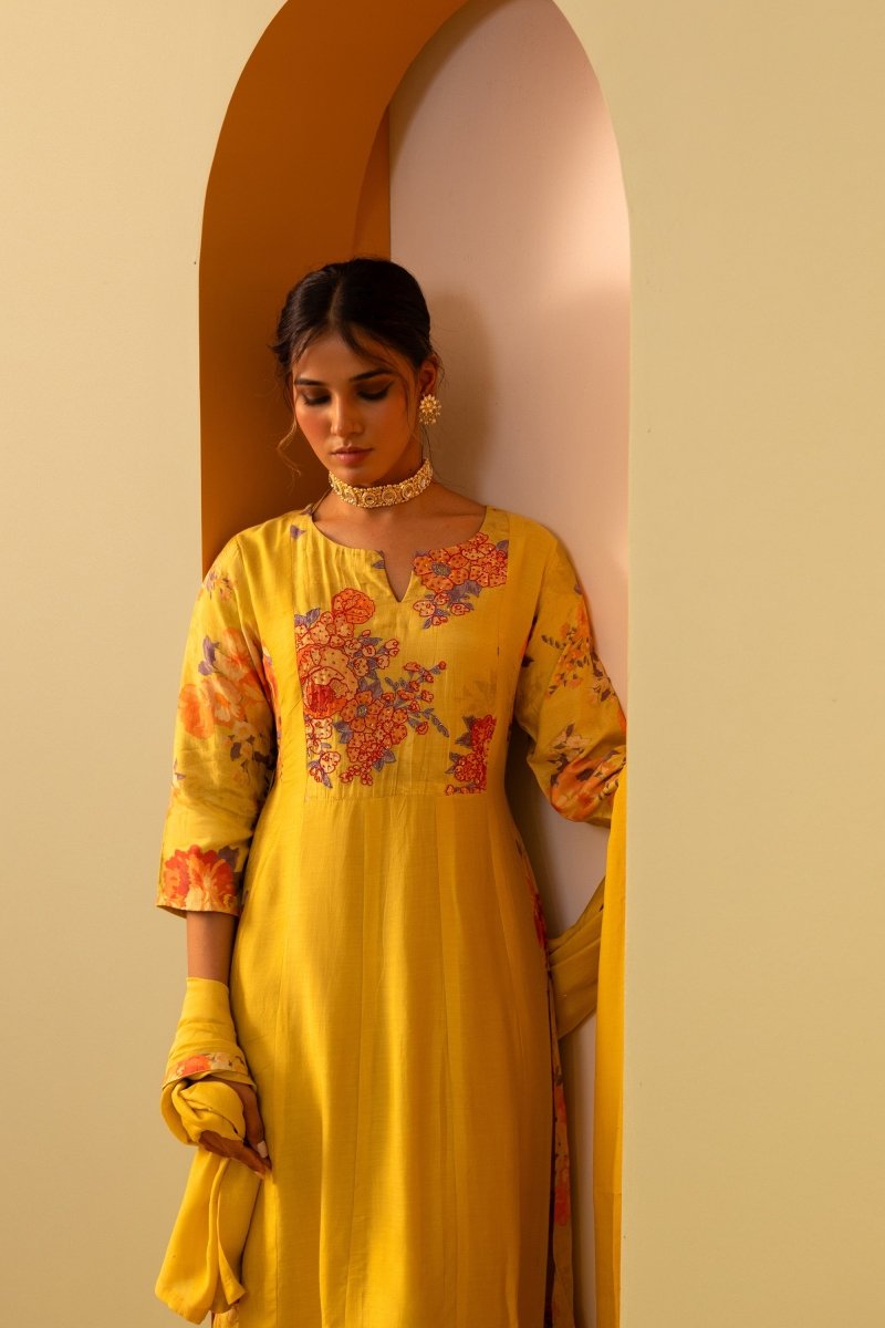 PAYAL Cadium Yellow Kalidar Suit Set with Intricate Computer Embroidery - Payal