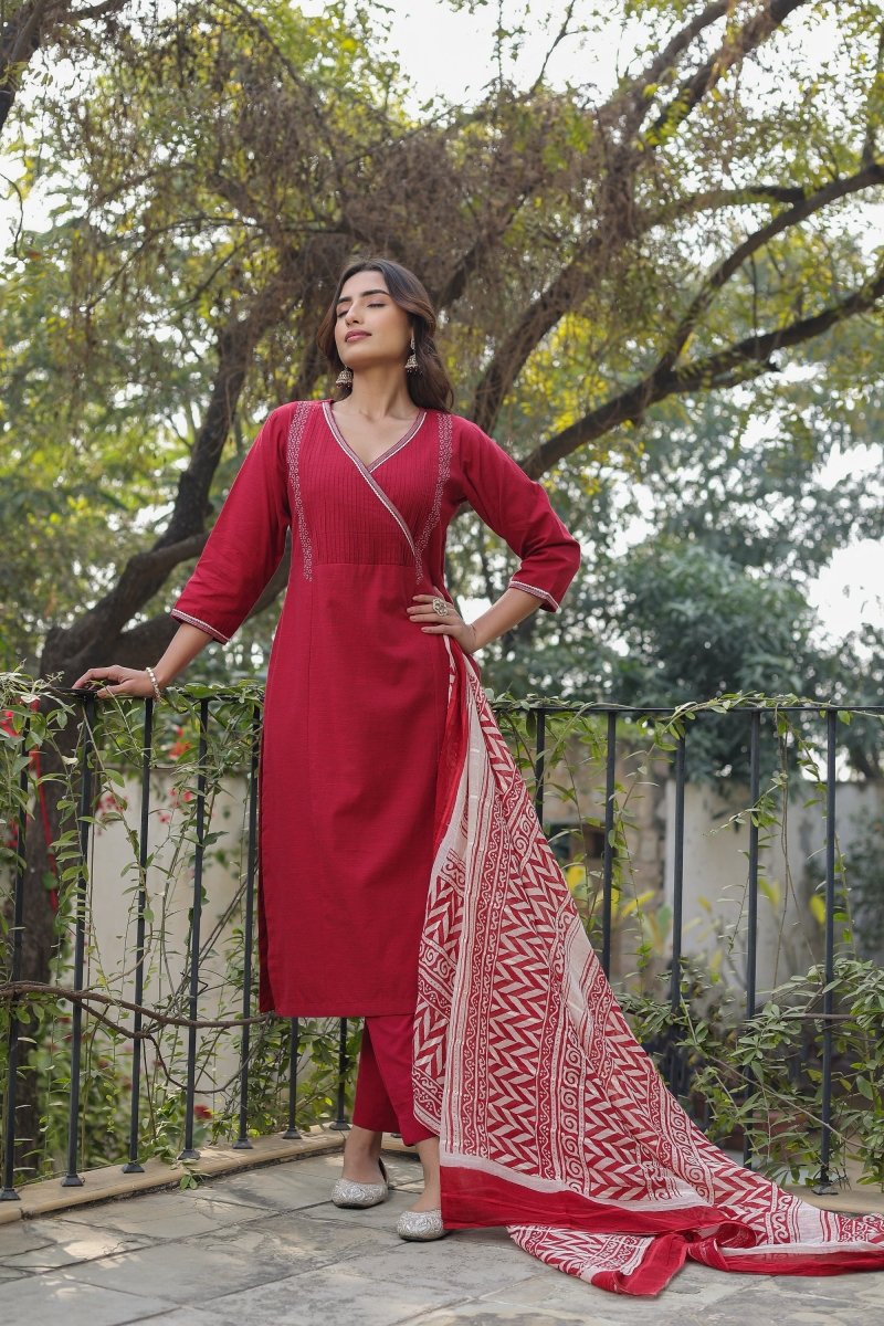 PAYAL Casual Red Kurta Suit Set in Angrakha Design - Payal