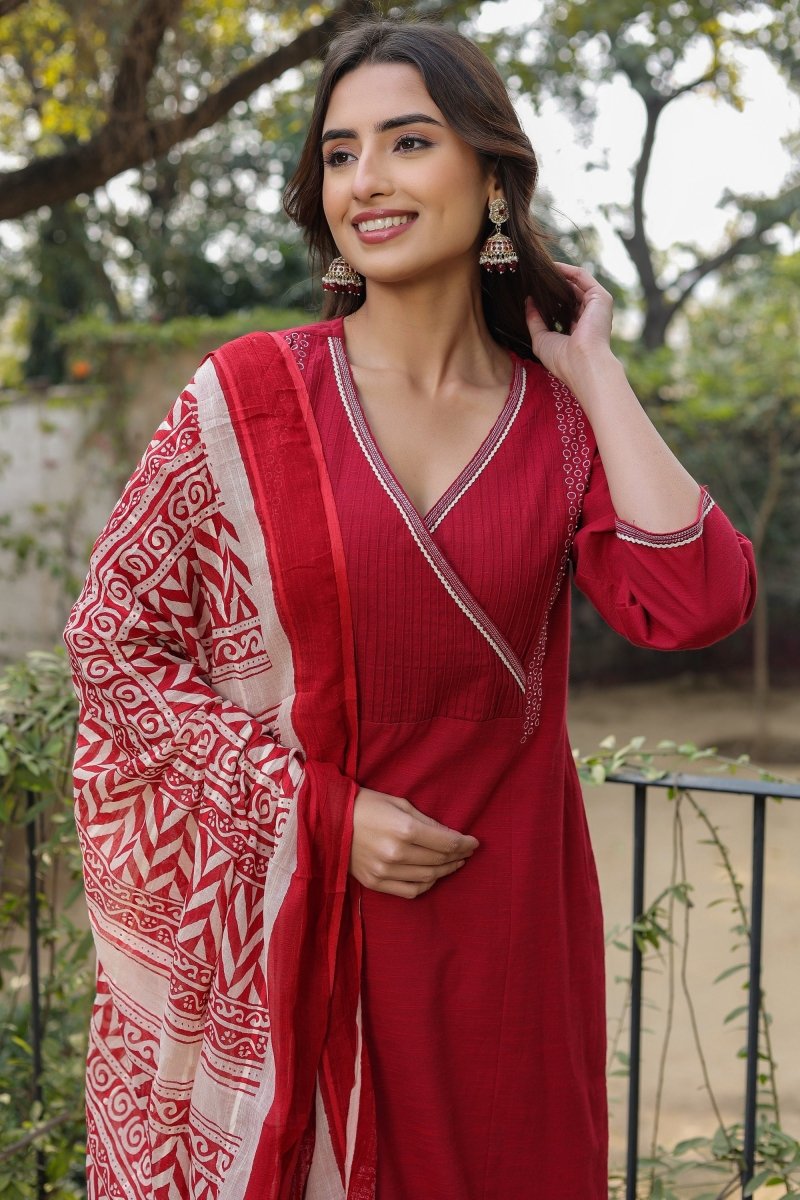 PAYAL Casual Red Kurta Suit Set in Angrakha Design - Payal
