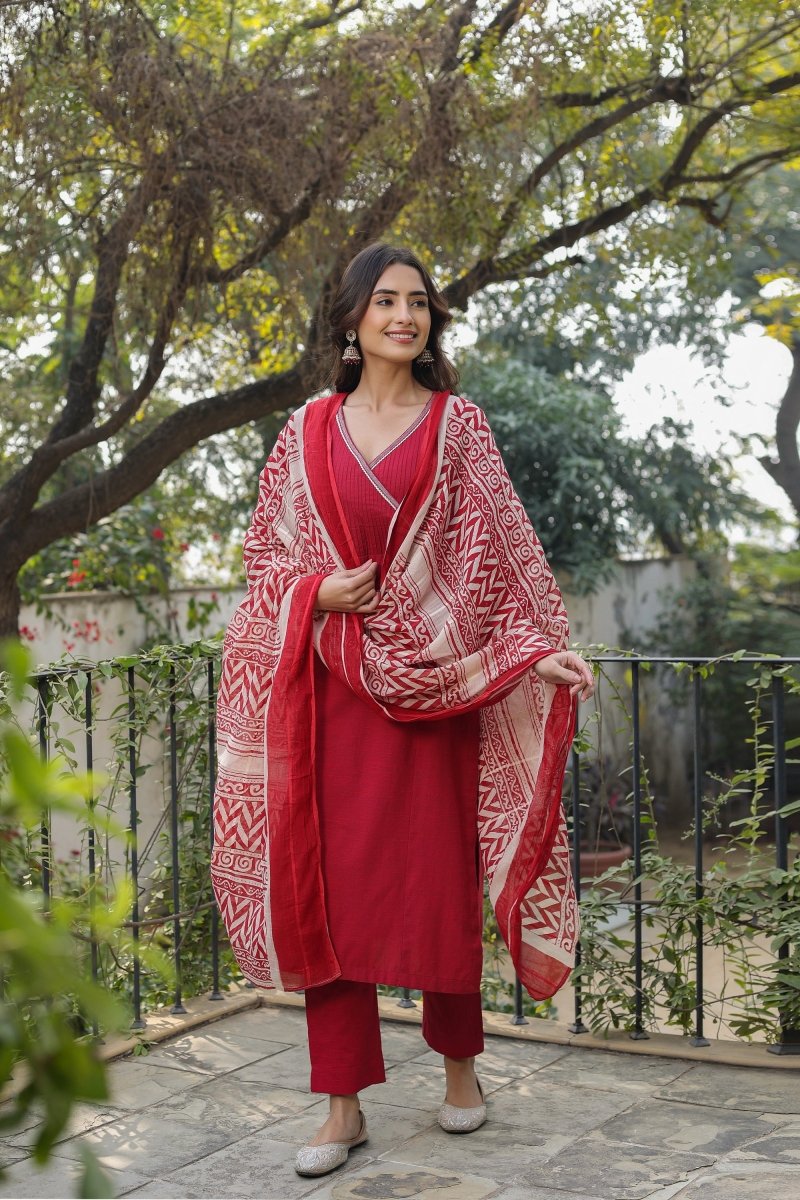 PAYAL Casual Red Kurta Suit Set in Angrakha Design - Payal