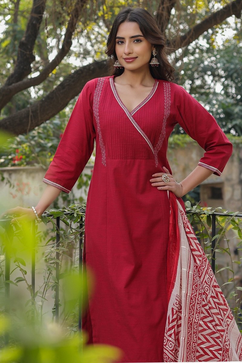 PAYAL Casual Red Kurta Suit Set in Angrakha Design - Payal
