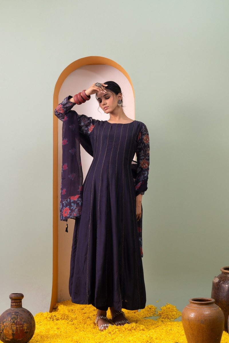 PAYAL Charcoal Grey Kalidar Suit Set with Delicate Aari embroidery - Payal