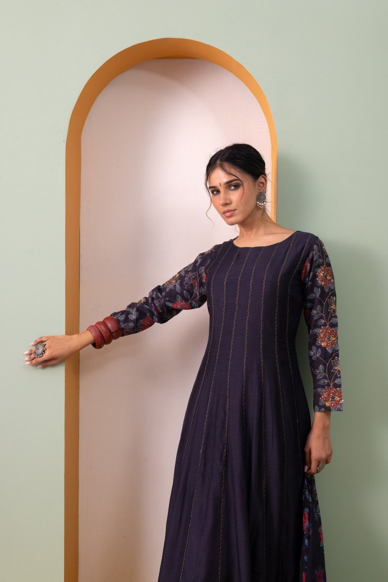 PAYAL Charcoal Grey Kalidar Suit Set with Delicate Aari embroidery - Payal