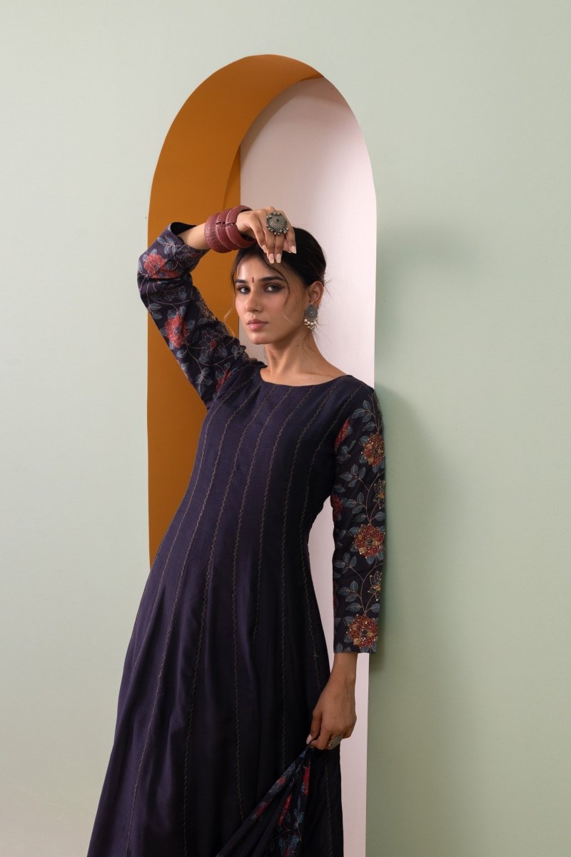 PAYAL Charcoal Grey Kalidar Suit Set with Delicate Aari embroidery - Payal