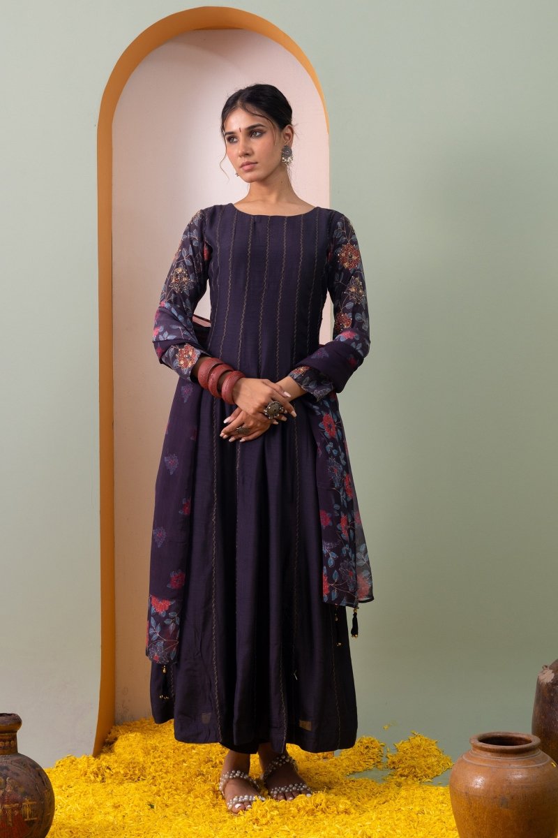PAYAL Charcoal Grey Kalidar Suit Set with Delicate Aari embroidery - Payal