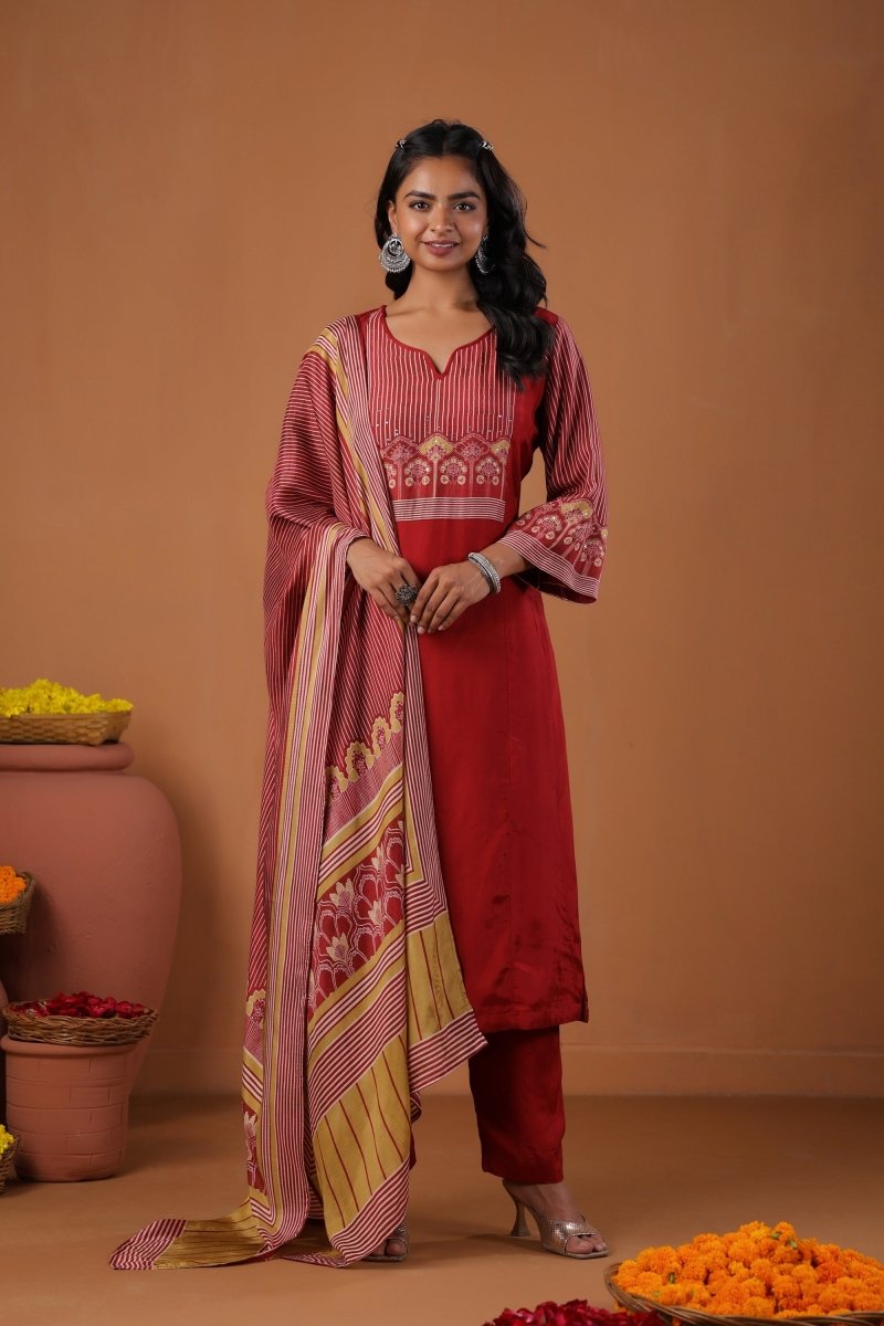 PAYAL Cherry Red Kurta Suit Set with Amazing Print Design - Payal