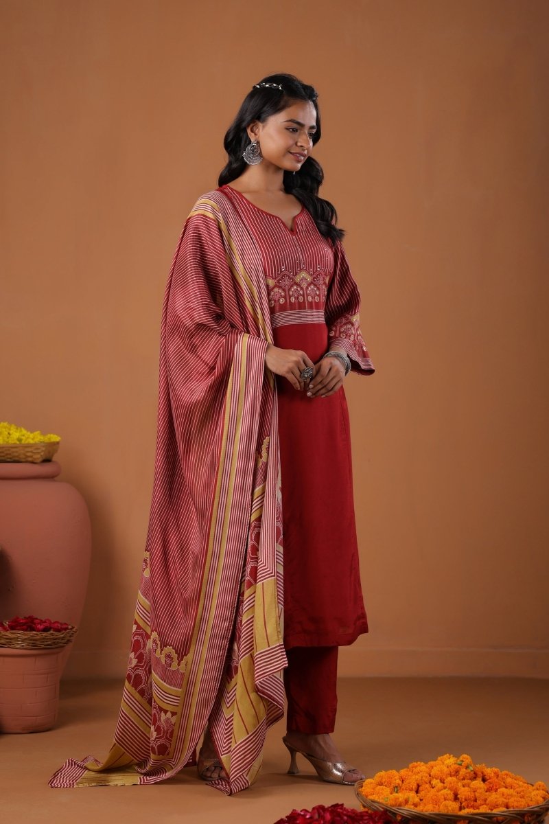 PAYAL Cherry Red Kurta Suit Set with Amazing Print Design - Payal