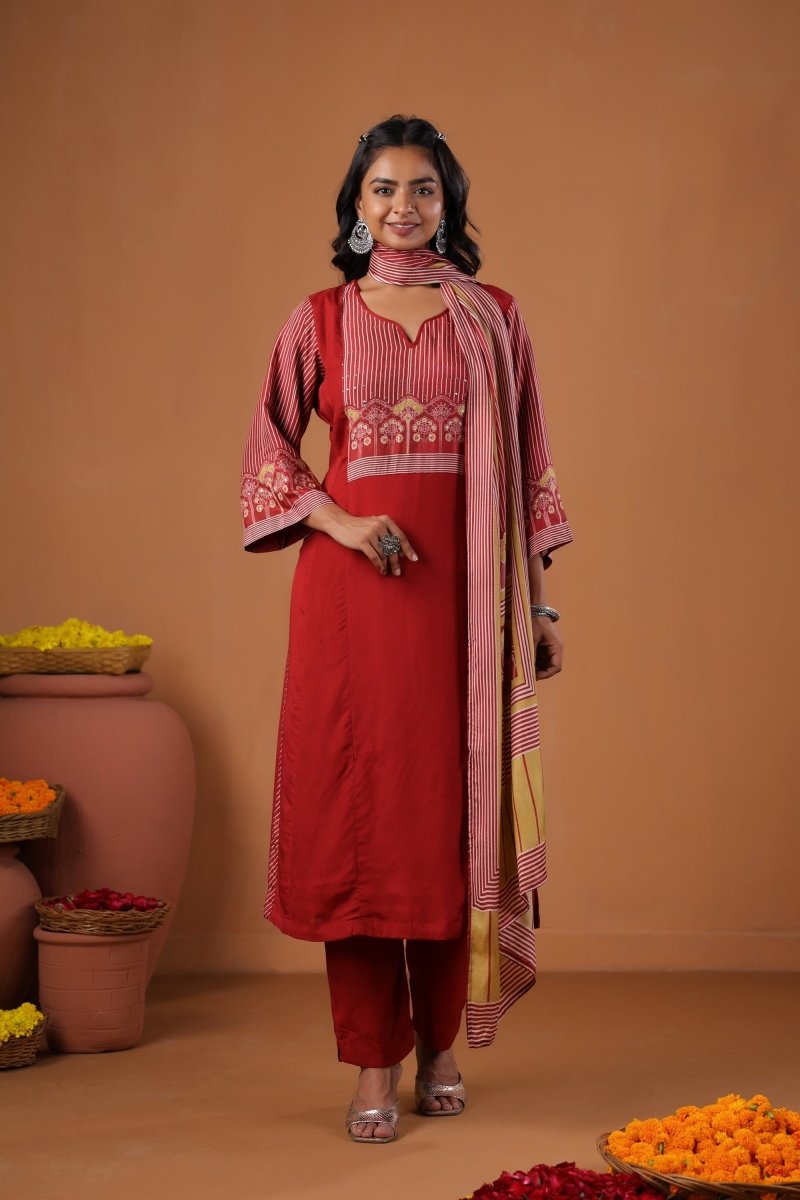 PAYAL Cherry Red Kurta Suit Set with Amazing Print Design - Payal
