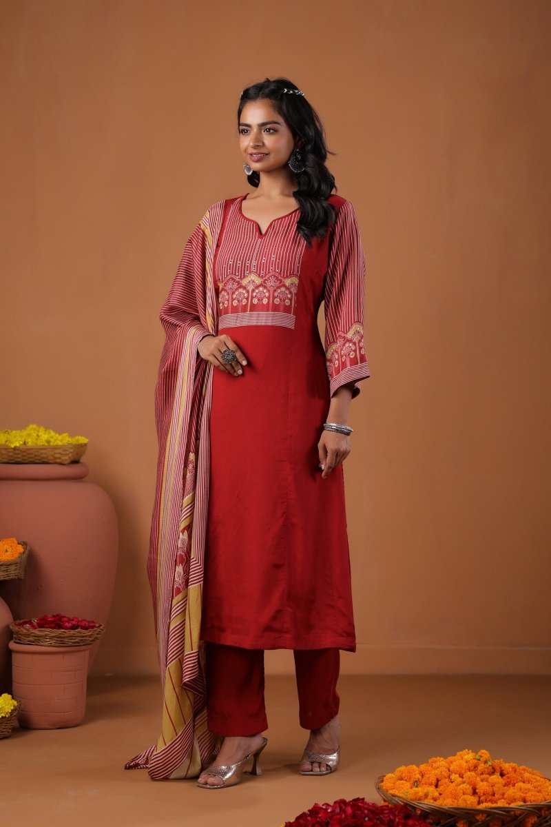 PAYAL Cherry Red Kurta Suit Set with Amazing Print Design - Payal