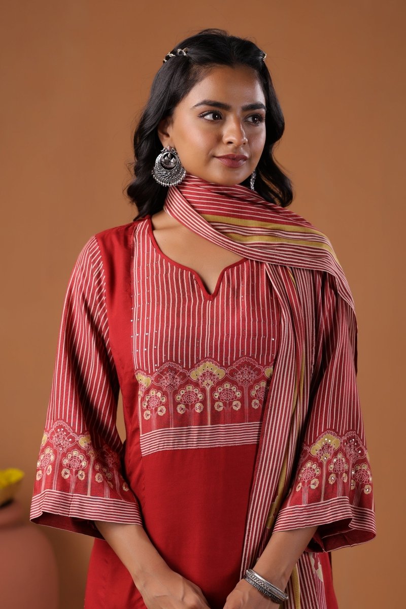 PAYAL Cherry Red Kurta Suit Set with Amazing Print Design - Payal