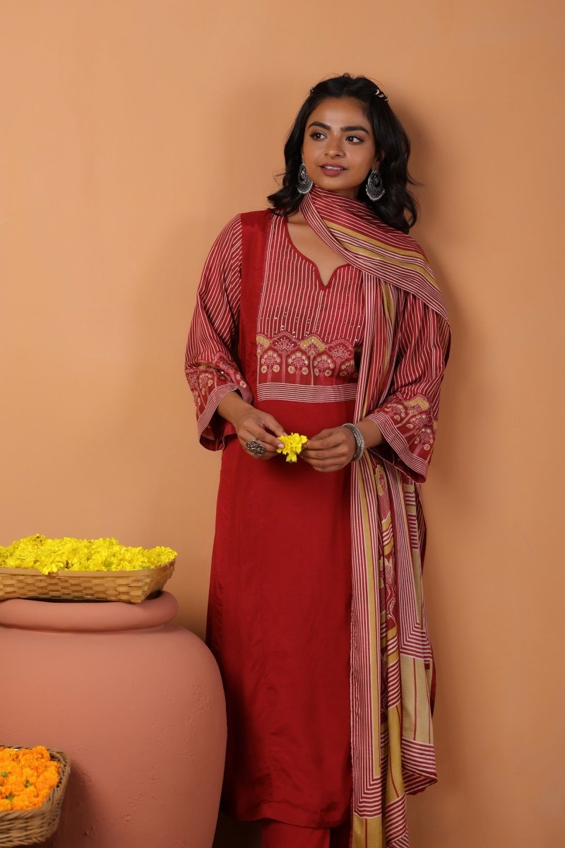 PAYAL Cherry Red Kurta Suit Set with Amazing Print Design - Payal