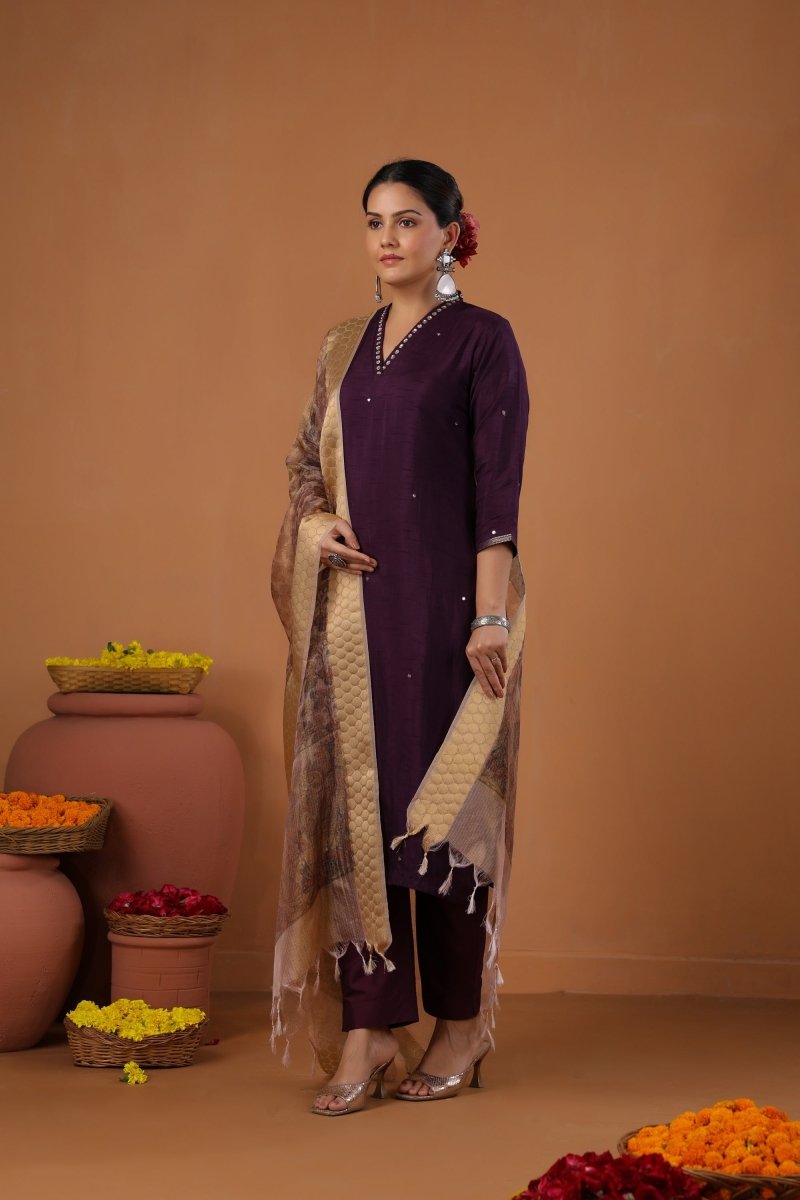 PAYAL Dark Purple Kurta Suit Set with Khat Work Detailing - Payal