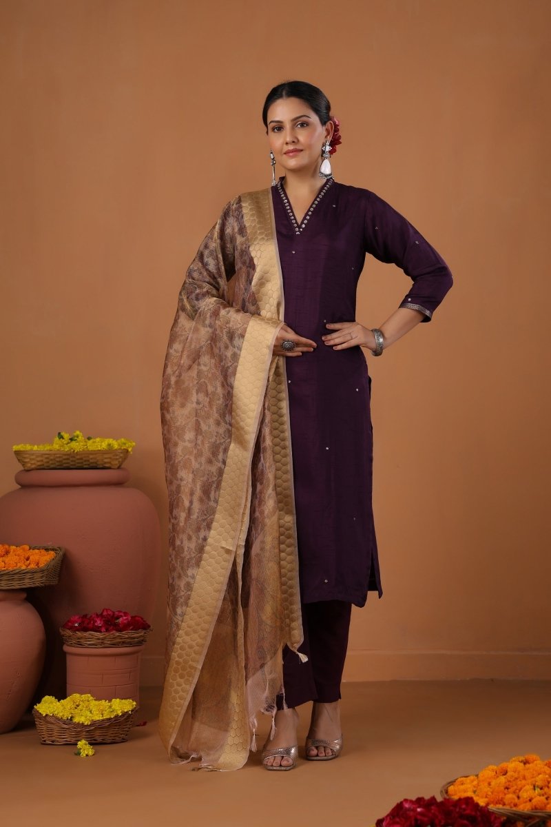 PAYAL Dark Purple Kurta Suit Set with Khat Work Detailing - Payal