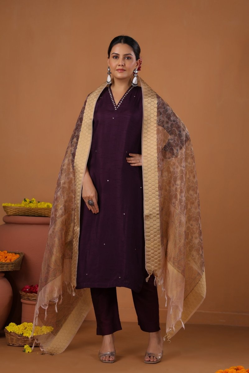 PAYAL Dark Purple Kurta Suit Set with Khat Work Detailing - Payal